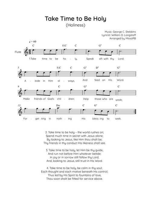 Take Time to Be Holy - Flute in C Easy with Chords and Lyrics (Arr. MissoRB) - George C Stebbins and William D Longstaff (Flute Solo)