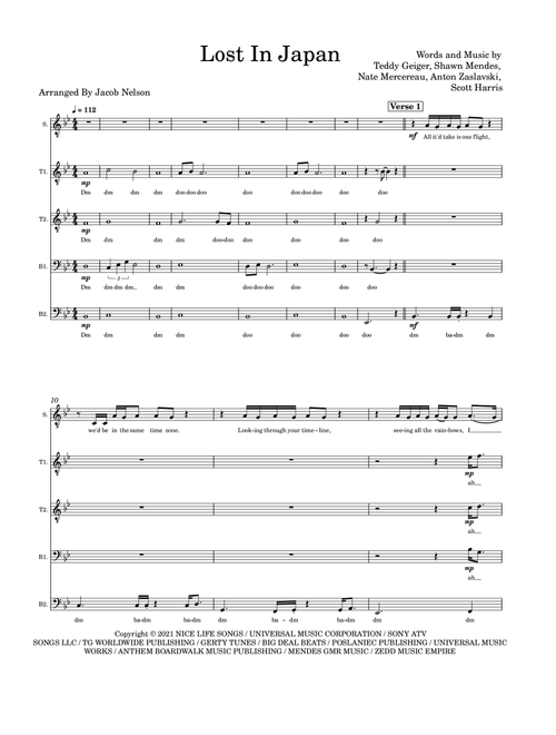 Lost In Japan (remix) (Arr. Jacob Nelson) - Shawn Mendes Feat. Zedd (Choral, TTBB)