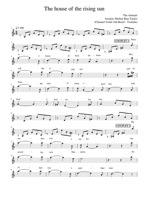 House of the rising sun – The Animals (Channel Violin Tab Brazil - Youtube)