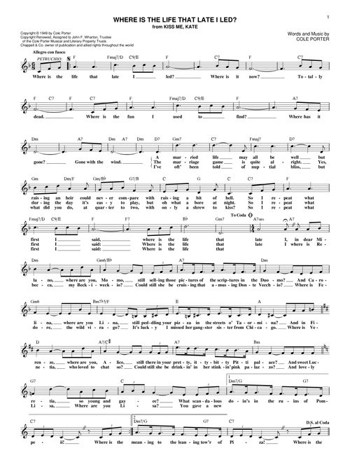 Where Is The Life That Late I Led? (from Kiss Me, Kate) - Cole Porter, Kiss Me Kate (Musical) (Lead Sheet - Fake Book)
