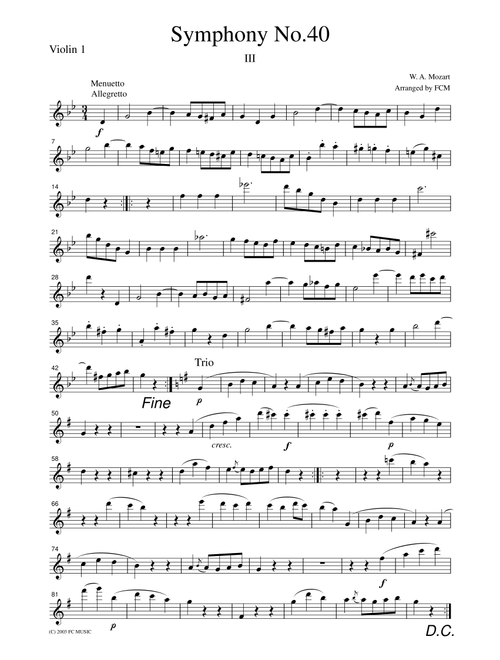 Mozart Menuetto (Symphony No.40, 3rd mvt.), for string quartet, CM009 (Arr. FCMUSIC) (String Quartet)