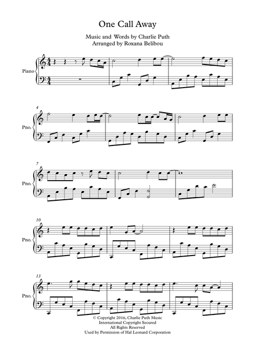 One Call Away (Arr. Roxana Belibou) - Charlie Puth (Piano Solo)