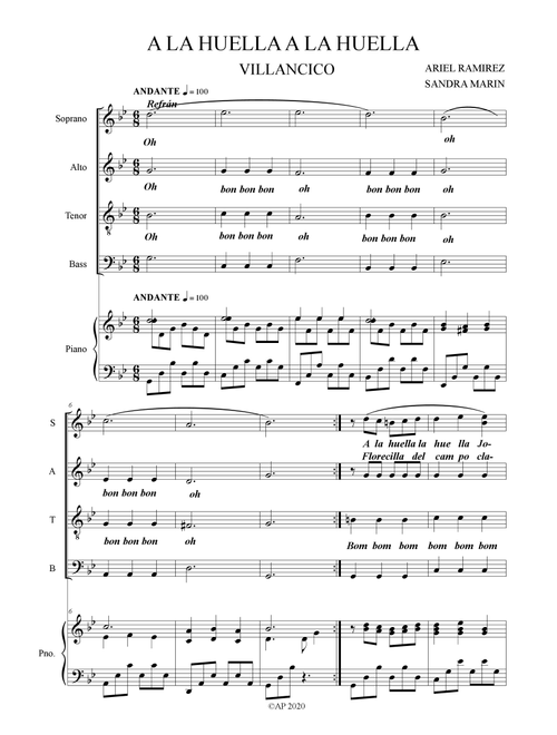 A la Huella - Ariel Ramirez - Coro y Piano (Choir and Piano) (Arr. Sandra Marin) (Choral, Mixed)