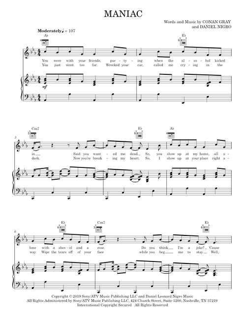Maniac - Conan Gray (Piano-Vocal-Guitar)