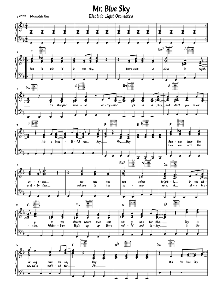 Mrblue Sky Sheet Music For Piano Solo 