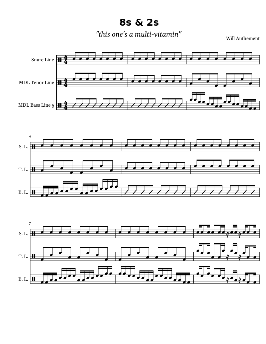 8s & 2s Percussion WarmUp Sheet music for Snare drum, Tenor drum, Bass
