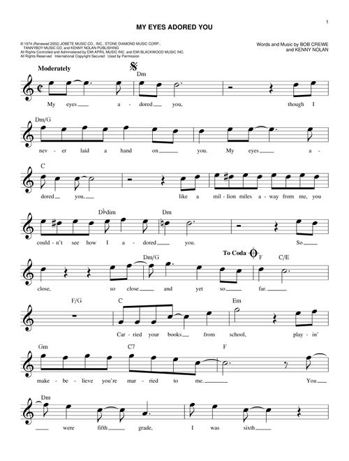 My Eyes Adored You - Frankie Valli (Easy Lead Sheet - Fake Book)