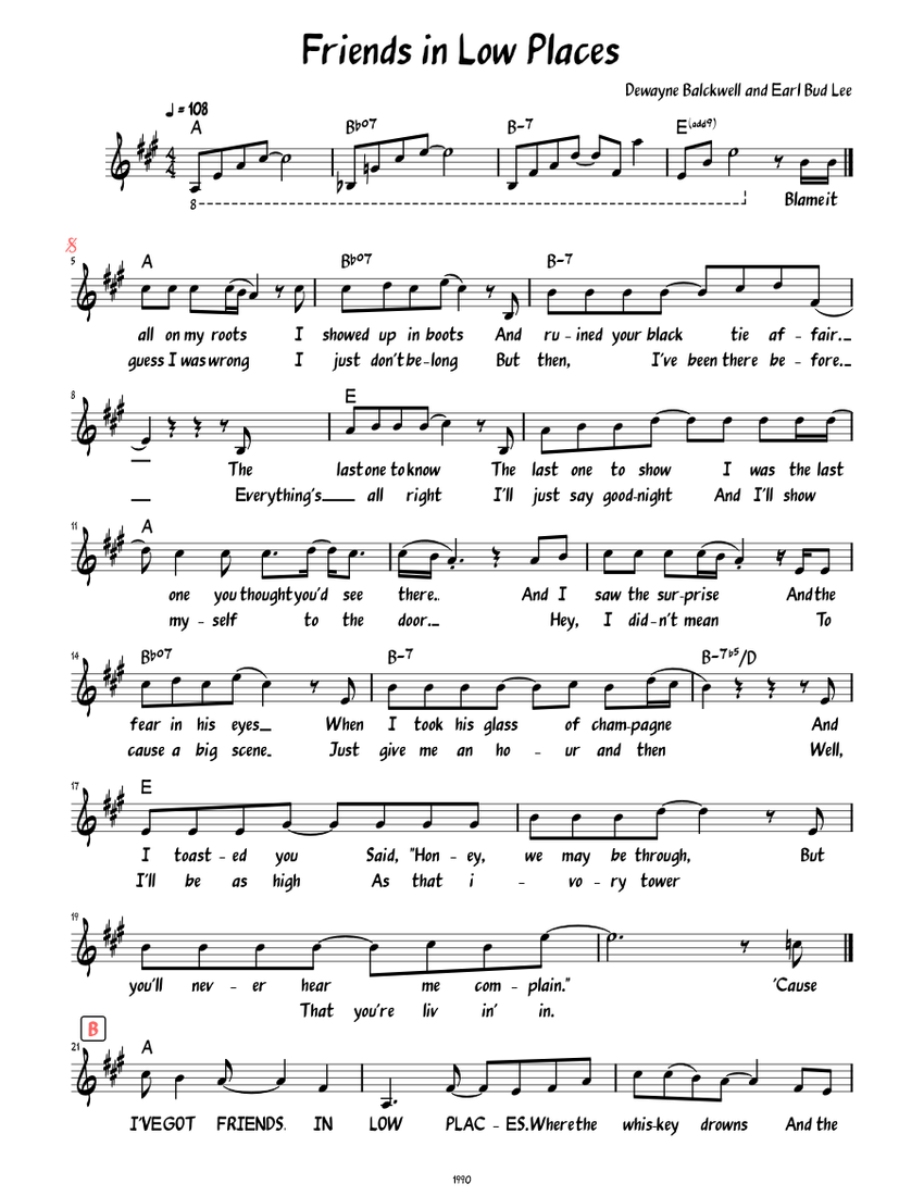 Friends in Low Places (Lead sheet with lyrics ) Sheet music for Piano (Solo) | Musescore.com