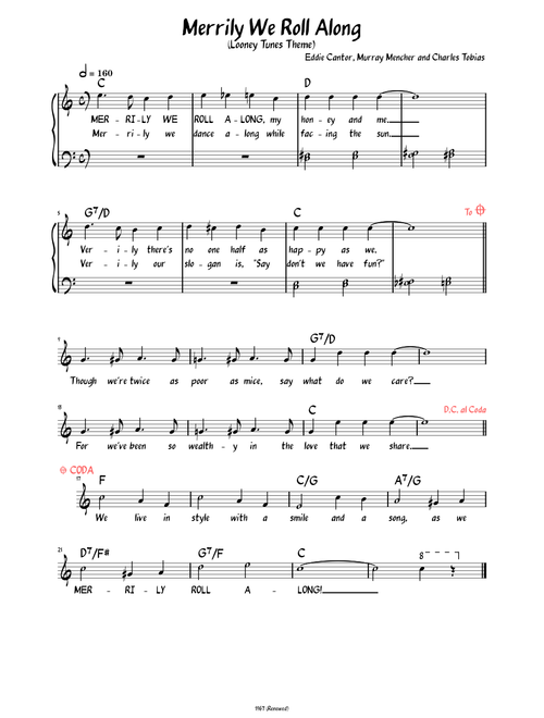 Merrily We Roll Along (Lead sheet with lyrics )