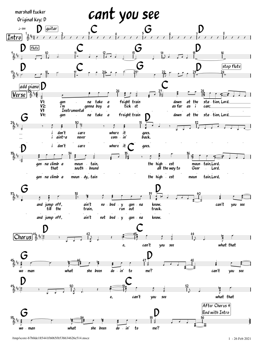 Can't You See Marshall Tucker Sheet music for Piano (Solo