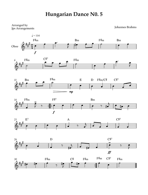 Hungarian Dance No. 5 for Oboe - key of F#m (Arr. Jps Arrangements) - Johannes Brahms (Oboe Solo)