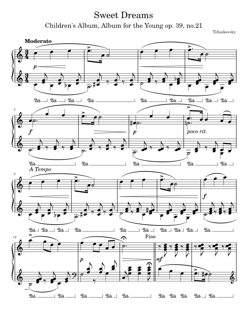 Sweet Dreams - Tchaikovsky Sheet Music for Piano (Solo) easy