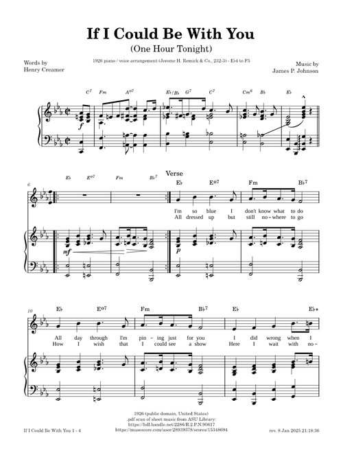 If I Could Be With You (One Hour Tonight) – James P. Johnson, Henry Creamer [1926 piano / vocal arr]