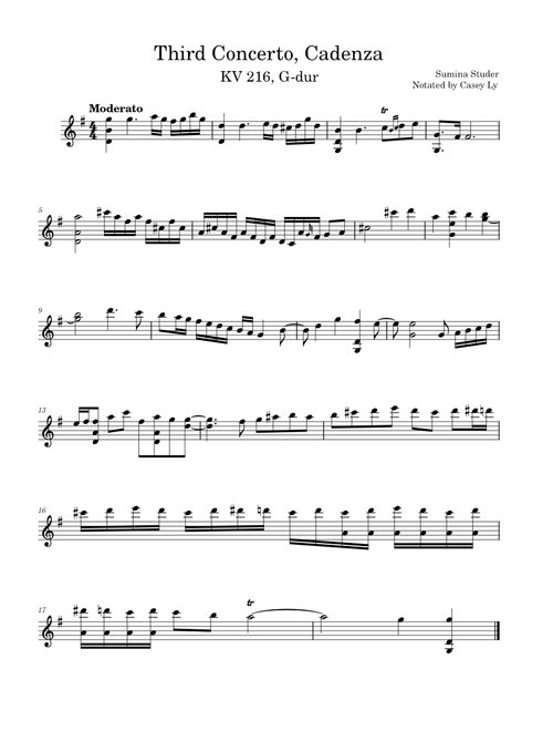 Violin Concerto No. 3 in G Major, K.216 Cadenza, Sumina Studer