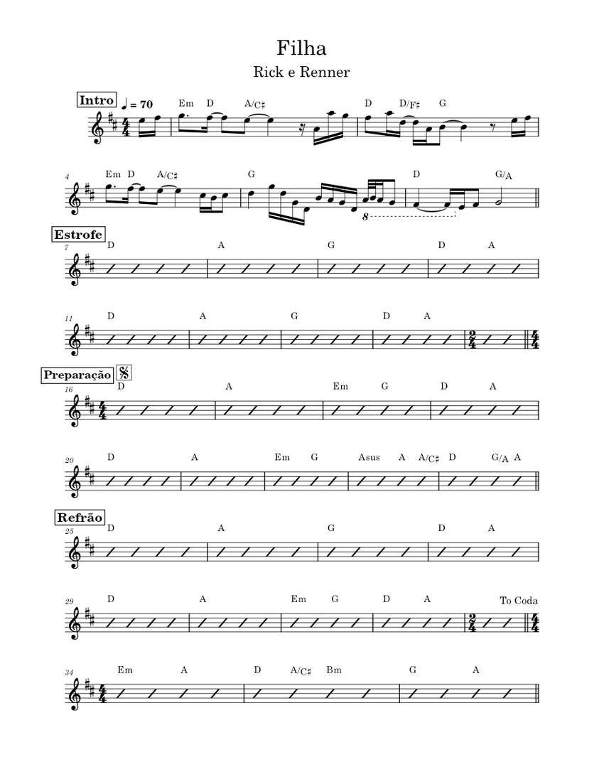Filha - Rick e Renner Sheet Music with Chords for Piano (Solo) easy ...