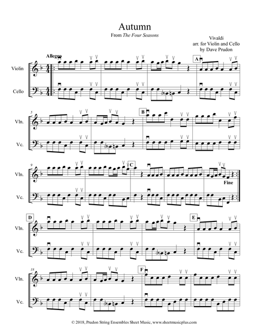 Vivaldi Autumn (Allegro) for Violin and Cello (Arr. Dave Prudon) (Instrumental Duet)