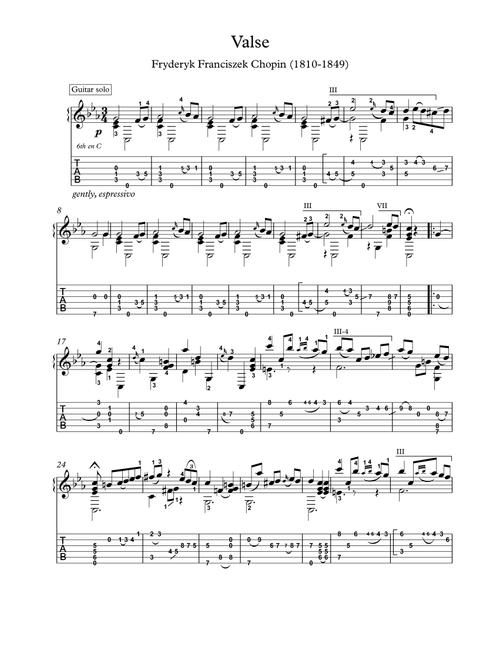 Chopin Grande valse brillante, op. 34 no. 2, guitar solo with tablature (Arr. PianoSheetNow) - Frederic Chopin (Guitar Tab)