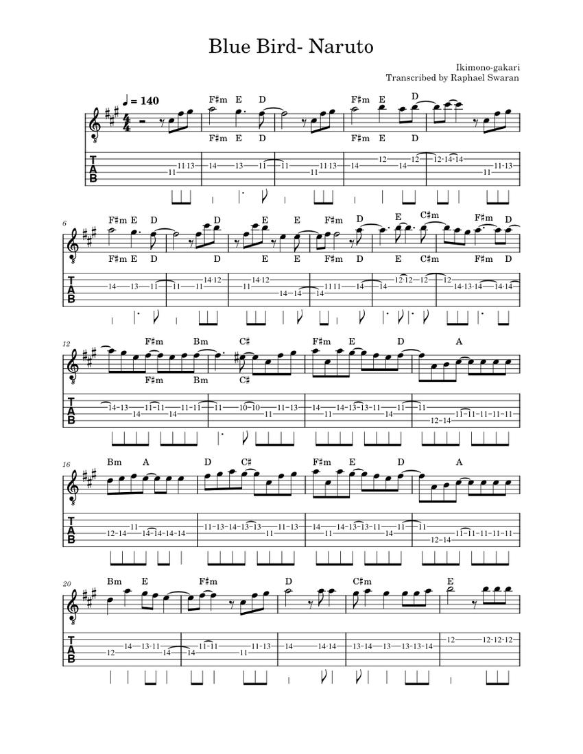 Blue bird Arranged for Electric Solo Guitar Sheet Music and Tab