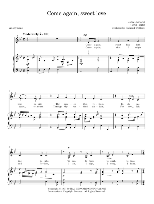 Come again! Sweet love doth now invite - John Dowland (Piano Vocal)