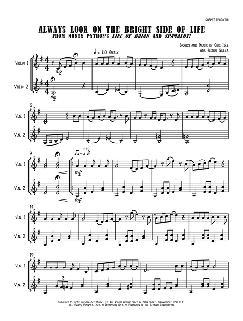 Always Look On The Bright Side Of Life (Arr. Alison Gillies) - Monty Python (Violin Duet)