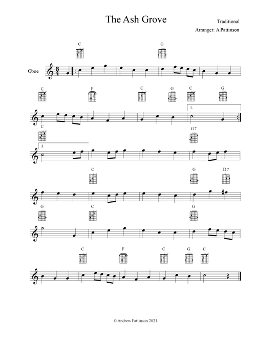 Ash Grove for Easy Oboe with Guitar Chords (Arr. Andrew Pattinson) - Traditional (Oboe Solo)