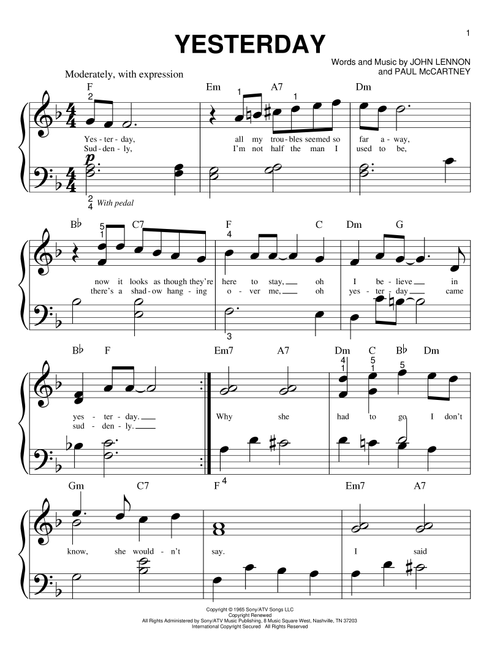 Yesterday - The Beatles (Big Note Piano)