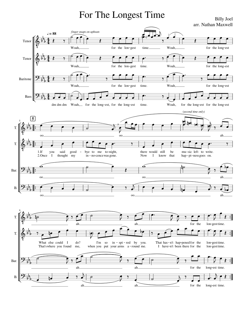 For The Longest Time Sheet Music for Tenor, Bass voice, Baritone