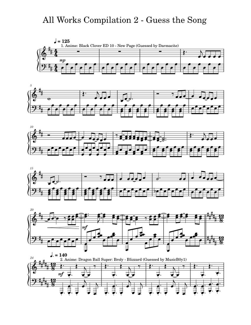 Guess The Song (Anime & Video Game) Sheet Music for Piano (Solo ...