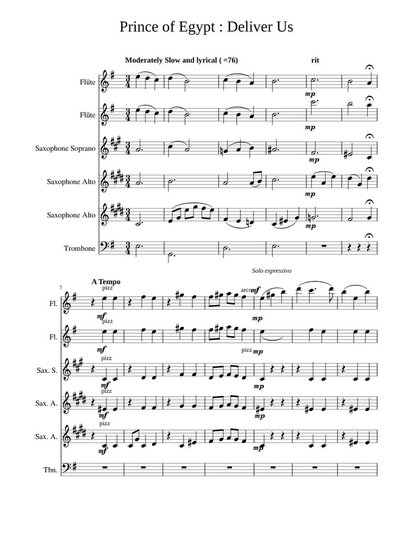 Prince of Egypt Deliver Us Sheet music for Trombone, Flute, Saxophone