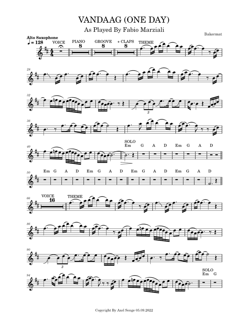 One Day (Vandaag) – Bakermat (ALTO SAX) Sheet Music with Chords