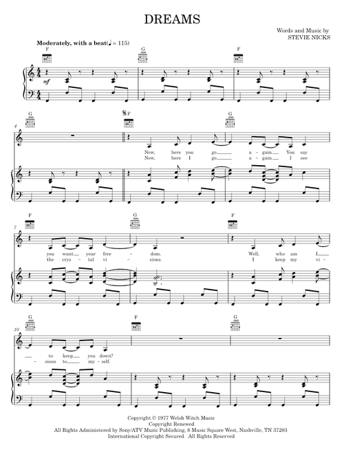 Dreams - Fleetwood Mac, Stevie Nicks (Piano-Vocal-Guitar)