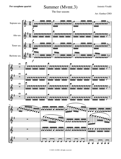 Vivaldi: "Summer" from The Four Seasons, Mvt. 3 (Presto) - Saxophone Quartet (SATB) (Arr. Gunhee CHO) - Antonio Vivaldi (Woodwind Ensemble)