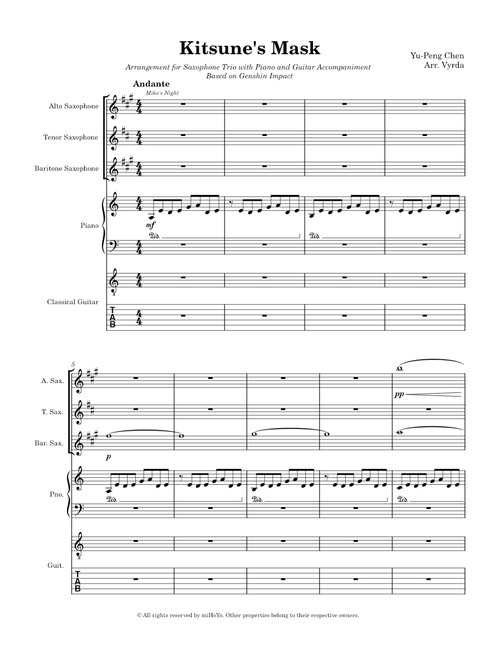 Kitsune's Mask - Arrangement for Saxophone Trio with Piano and Guitar Accompaniment