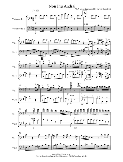 Non Più Andrai for Cello Duet (Arr. David Burndrett) - W.A Mozart (Cello Solo)