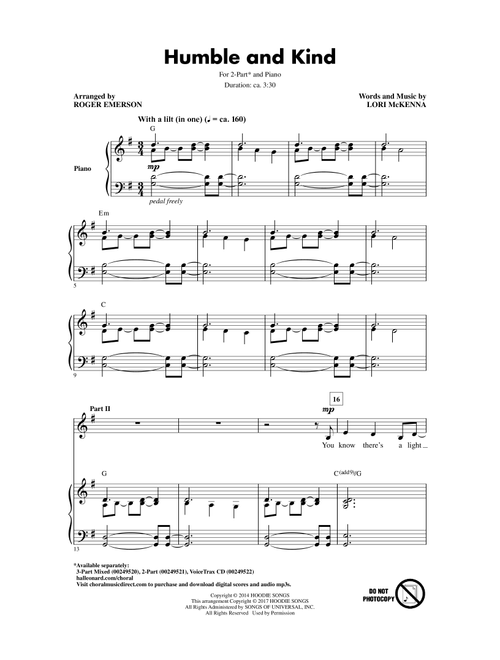 Humble And Kind (Arr. Roger Emerson) - Tim McGraw, Lori McKenna (Choral, 2-Part)