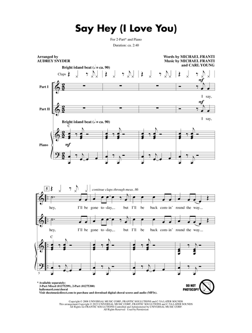 Say Hey (I Love You) (arr. Audrey Snyder) - Michael Franti & Spearhead feat Cherine Anderson (Choral, 2-Part)