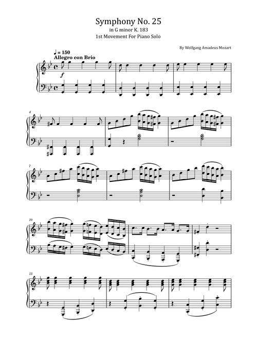 Mozart - Symphony No. 25 in G Minor, K. 183; 1st Mov - For Piano Solo (Arr. poon) - Wolfgang Amadeus Mozart (Piano Solo)