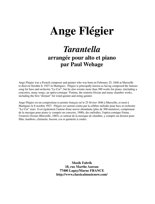 Ange Flégier: Tarantella for viola and piano (Arr. Paul Wehage) (Viola and Piano)