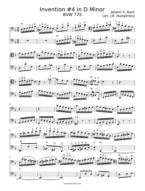 Invention 4 in D Minor BVW 775 Cello Duet Score