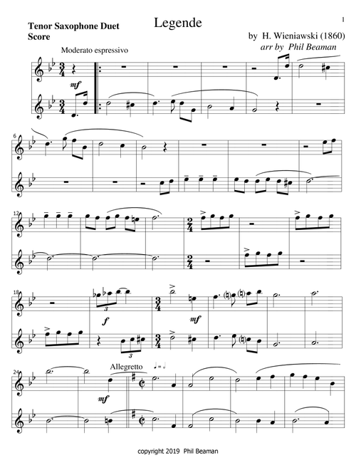 Legende-Wieniawski-Tenor Saxophone duet (Arr. Phil Beaman) - H Wieniawski (Tenor Sax Duet)
