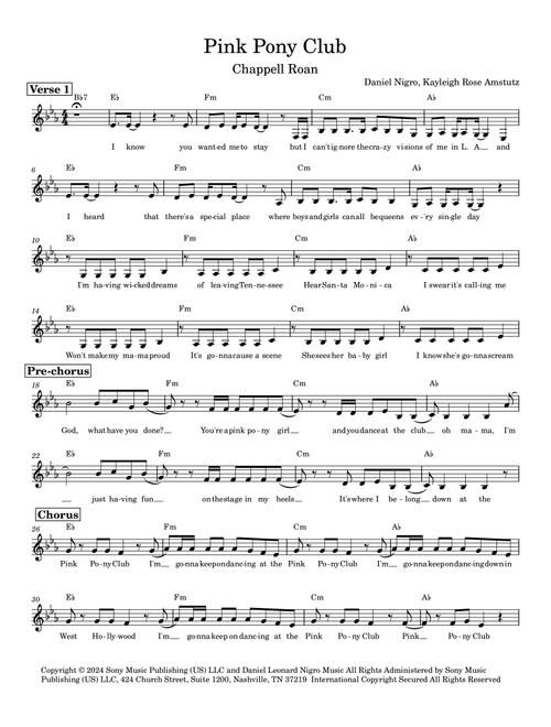 Pink Pony Club (Arr. Heidi Savoie) - Chappell Roan (Lead Sheet - Fake Book)