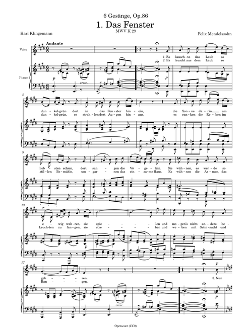 Mendelssohn, Felix – 6 Gesänge, Op.86, No.1 – Das Fenster