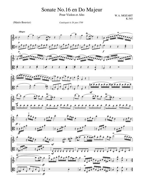 Mozart - Sonate No. 16 en Do Majeur - Pour Violon et Alto