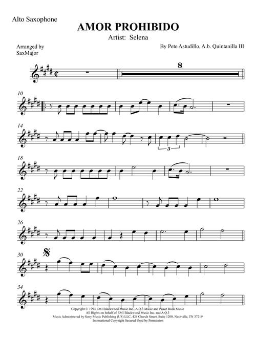 Amor Prohibido (Arr. SaxMajor) - Selena (Alto Sax Solo)