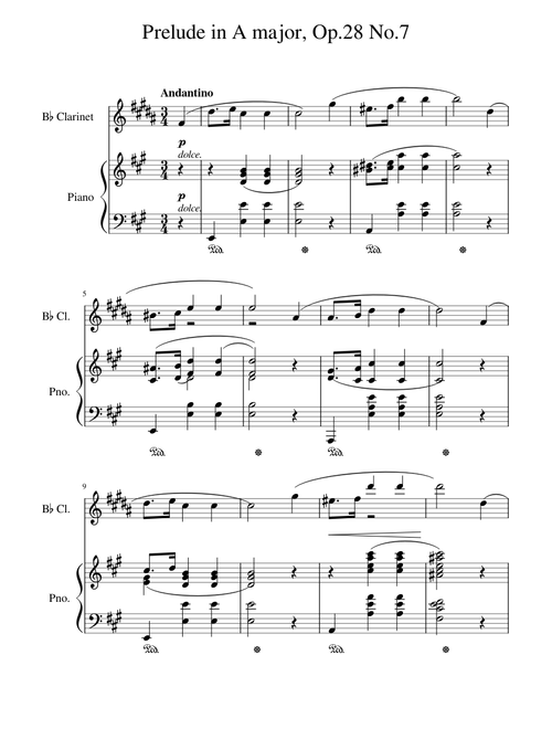 Prelude in A major Op.28 No.7 for Clarinet and Piano