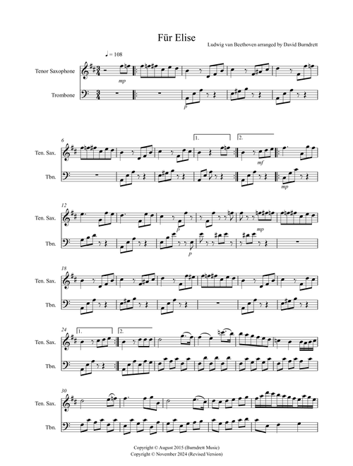 Fur Elise for Tenor Saxophone and Trombone Duet (Arr. David Burndrett) - Ludwig Van Beethoven (Instrumental Duet)