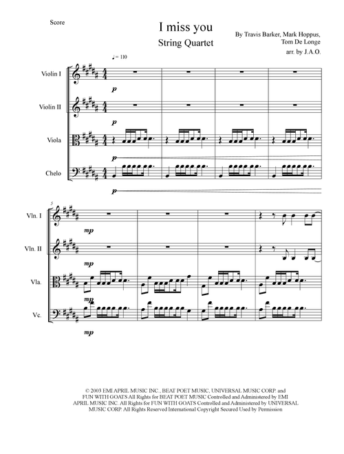 I Miss You (Arr. José angel Ortiz ramirez) - Blink-182 (String Quartet)