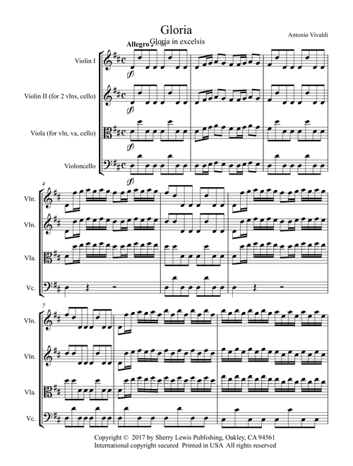 GLORIA IN EXCELSIS, Vivaldi String Trio, Intermediate Level for 2 violins and cello or violin, viola (Arr. Sherry Lewis Publishing) - Antonio Vivaldi (String Ensemble)