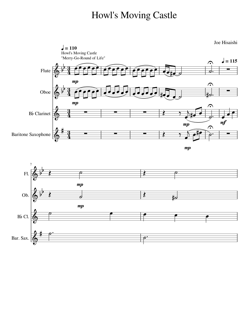 Howl's Moving Castle Sheet music for Flute, Oboe, in bflat