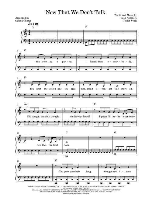 Now That We Don't Talk (Arr. Celena Chang) - Taylor Swift (Piano Solo)
